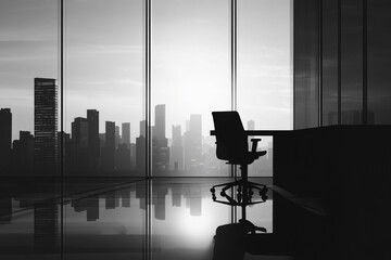 Naklejka premium A stark office silhouette overlooks a modern cityscape through expansive windows, conveying a sense of corporate power and ambition.