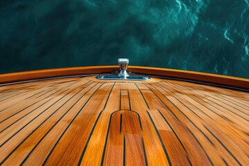 A glossy, wooden boat deck meets the teal-green ocean, with a polished silver fitting prominently displayed at the bow.