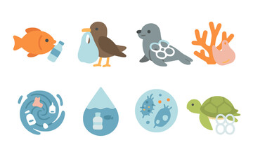 Naklejka premium Microplastic Pollution Icons. Flat vector mini-illustrations impact of microplastic in colors children's illustrations: fish