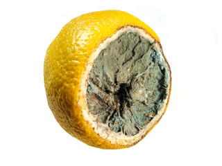 A rotten lemon with a hole in it. The fruit is covered in mold and has a foul smell. White...
