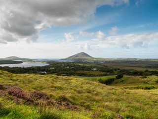 A lush green field with a mountain and ocean in the background. The sky is clear and blue....