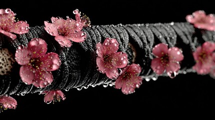 Black-wrapped sword handle, adorned with pink cherry blossoms, sprinkled with water drops
