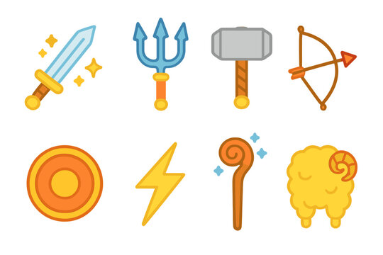 Mythical Weapons Icons. Flat vector mini-illustrations mythological weapons in colors children's illustrations: magic sword,