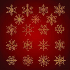 A collection of intricately designed golden snowflakes arranged on a gradient red background, evoking a wintery and festive atmosphere.
