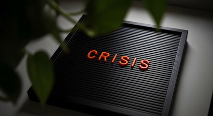 Orange letters spelling CRISIS on a black letterboard.