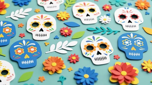 Colorful sugar skulls and paper flowers for day of the dead celebration, a vibrant cultural tradition in mexico hispanic heritage month