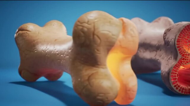 3D animation comparing healthy bone density to osteoporotic bone.