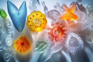 A vibrant collection of colorful glass art pieces arranged on a surface with soft lighting and delicate textures, resembling sea creatures and plants.