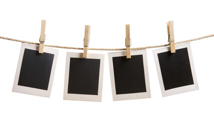 Four Blank Instant Photo Frames Hanging on Rope – Empty Gallery Picture Mockup PNG