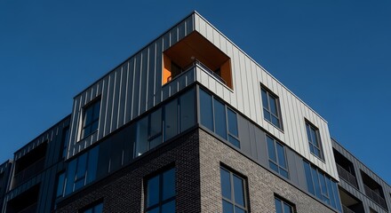 Obraz premium Close-up view of a modern apartment building corner with a mix of materials and design elements.