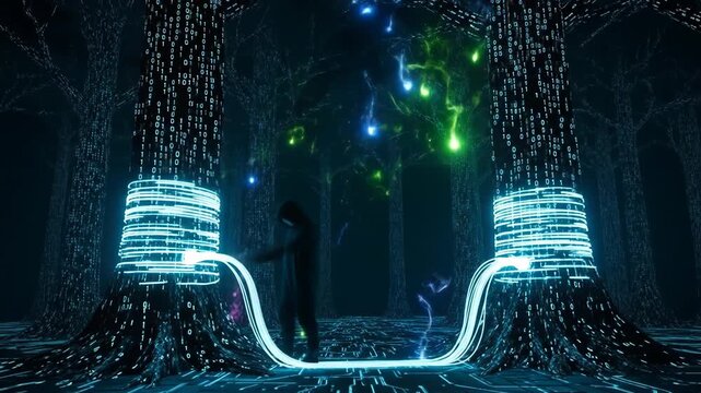 Cyberpunk scene with hacker figure wiring glowing fiber-optic vines into binary trees, neon sparks flickering like fireflies