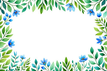 Oval floral frame with blue flowers and green leaves