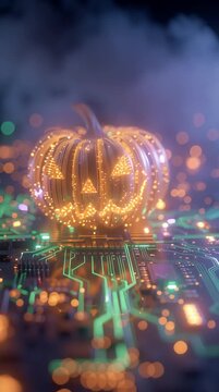 Spooky glitching Halloween jack-o-lantern Vertical, carved glowing microchip circuits, eerie light pulse on futuristic motherboard, drifting code fog, LED eyes flicker, cyberpunk AI horror pumpkin.
