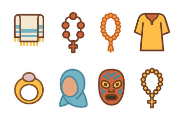 Sacred Accessories Icons. Flat vector mini-illustrations sacred clothing and accessories in colors children's illustrations: