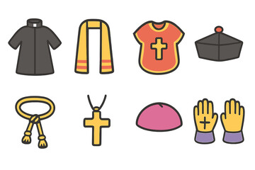 Sacred Clothing Icons. Flat vector mini-illustrations sacred clothing in colors children's illustrations: cassock, stole, chasuble