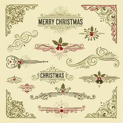 Collection of vintage Christmas ornaments and decorative elements including holly berries, swirls, corners, and "Merry Christmas" and "Christmas" text.