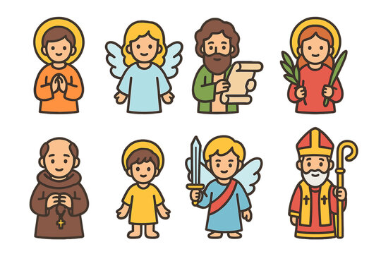 Saints and Angels Icons. Flat vector mini-illustrations saints and angels in colors children's illustrations: saint with halo,