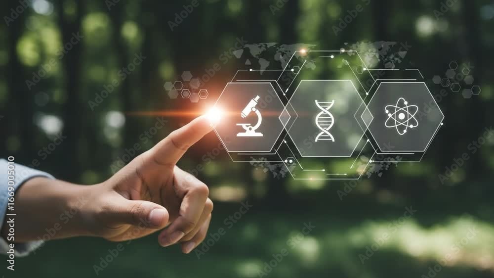 Poster a hand touching a screen displaying microscope dna and atom icons in a science technology concept