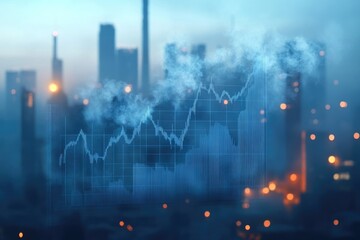 Stock market graph overlayed on a city skyline, suggesting financial growth and urban investment with a modern, technological feel.