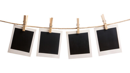 Four Blank Instant Photo Frames Hanging on Rope – Empty Gallery Picture Mockup PNG