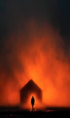 A lone figure approaches a shadowy structure amidst swirling smoke and vibrant orange light, creating a haunting atmosphere typical of a dark country western setting