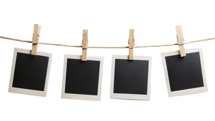 Four Blank Instant Photo Frames Hanging on Rope – Empty Gallery Picture Mockup PNG