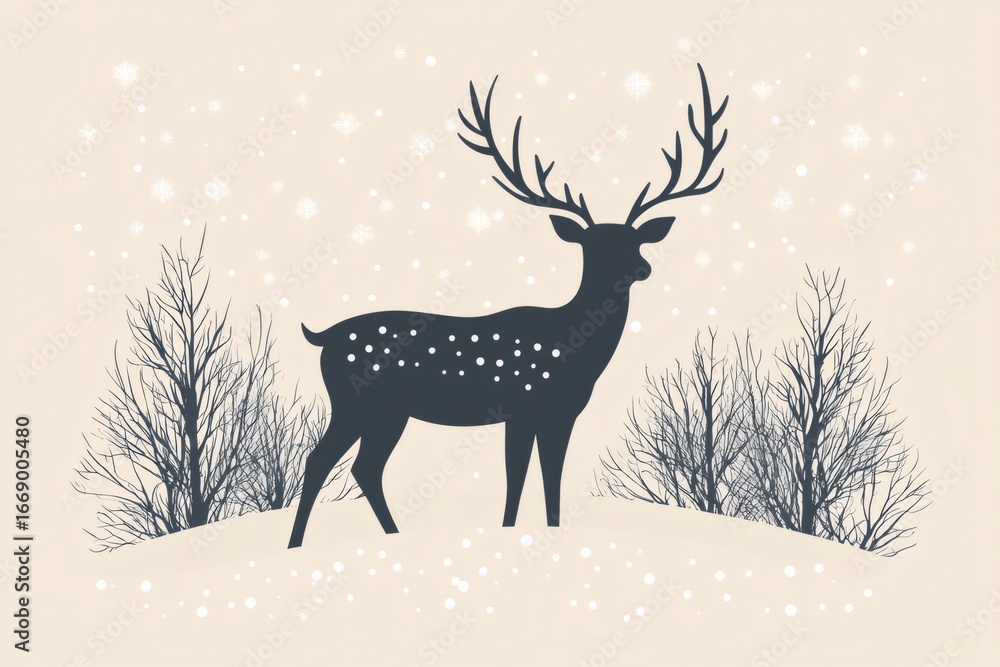 Poster silhouette of a deer with antlers standing in a snowy field surrounded by bare trees while snowflake