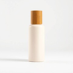 Beige bottle with bamboo cap, and white background.