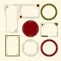 A collection of nine decorative frames in various shapes (rectangle, circle) and colors (red, green, beige) featuring snowflake and star accents.