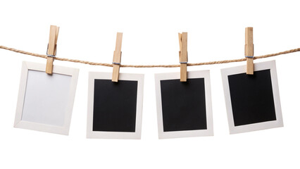 Four Blank Instant Photo Frames Hanging on Rope – Empty Gallery Picture Mockup PNG