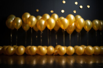 Rows of golden balloons against a dark background with bokeh lights