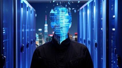 Man with digital data projected onto his face in a server room, symbolizing artificial intelligence and cybersecurity