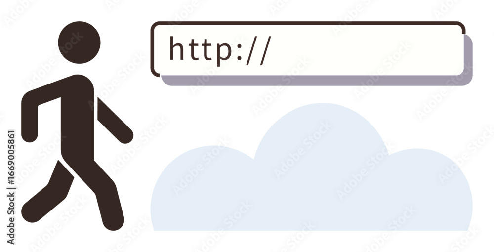Poster minimalist figure walking towards a browser search bar with a cloud backdrop. ideal for technology, 