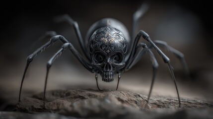 Skull-faced spider crawls over rock, facing forward with detailed ornamentation on body