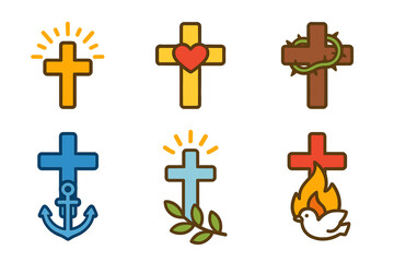 Symbolic Cross Illustrations. Flat vector mini-illustrations cross in symbolism in colors children's illustrations: cross with