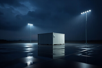 Shipping Container Under Floodlights in Rainy Night