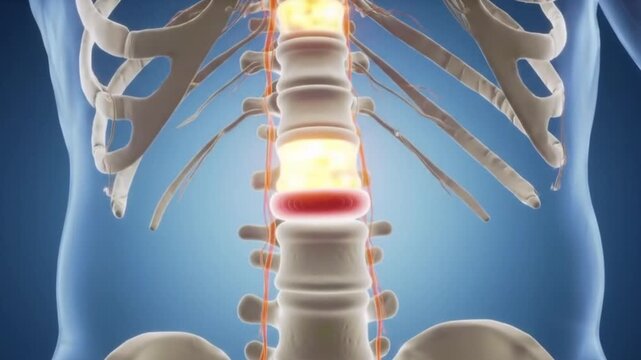 3D medical animation showing degenerative disc disease in the human spine.