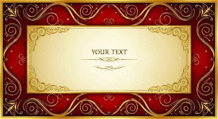Elegant rectangular decorative frame with ornate golden flourishes and red background.
