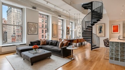 Obraz premium Open-plan loft apartment with spiral staircase.