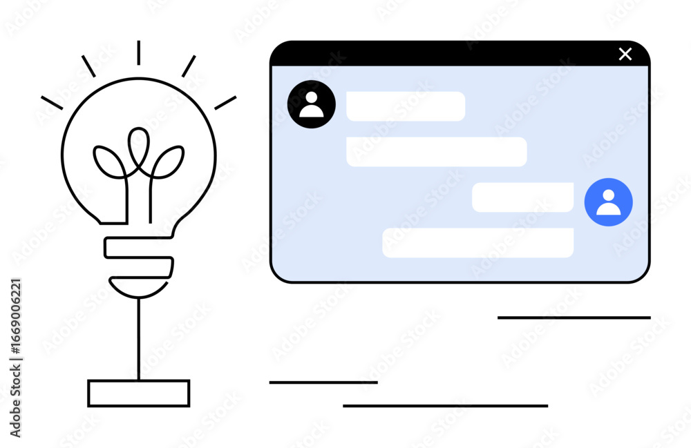 Poster light bulb representing creativity next to chat window with profile icons for online collaboration. 