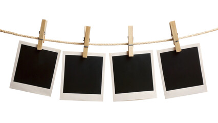 Four Blank Instant Photo Frames Hanging on Rope – Empty Gallery Picture Mockup PNG