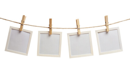 Four Blank Instant Photo Frames Hanging on Rope – Empty Gallery Picture Mockup PNG