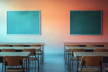 Classroom view with wooden desks and chairs, two green chalkboards on an orange wall, and a tiled floor.