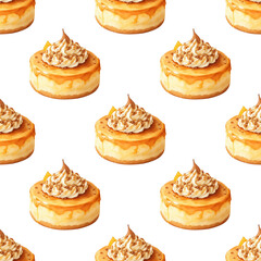 Fall-themed repeating pattern featuring delicate watercolor pumpkin vanilla cakes for Thanksgiving. Versatile design for gift wrap and holiday decorations