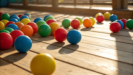 Vibrant collection of colorful play balls scattered across a sunlit wooden deck, evoking childhood joy and outdoor fun