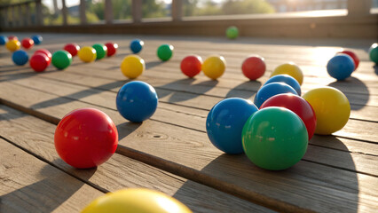 Vibrant colorful balls scattered across weathered wooden deck bathed in warm golden hour sunlight creating a playful and nostalgic outdoor scene