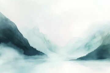 Fototapeta premium Soft, ethereal watercolor painting captures the serene beauty of a misty mountain landscape, evoking a sense of tranquility and peace
