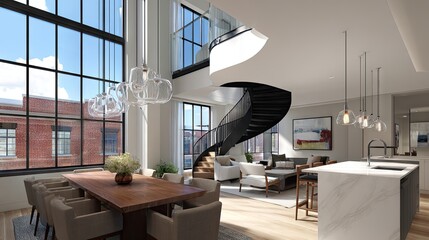 Open-plan interior of a modern loft apartment with high windows.