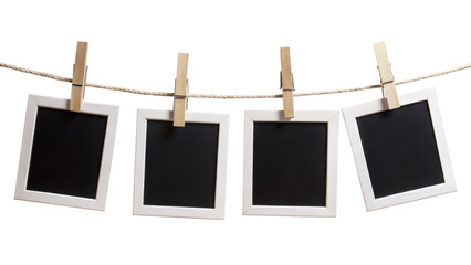 Four Blank Instant Photo Frames Hanging on Rope – Empty Gallery Picture Mockup PNG