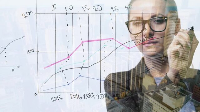 Double exposure of a business woman draws various growth charts